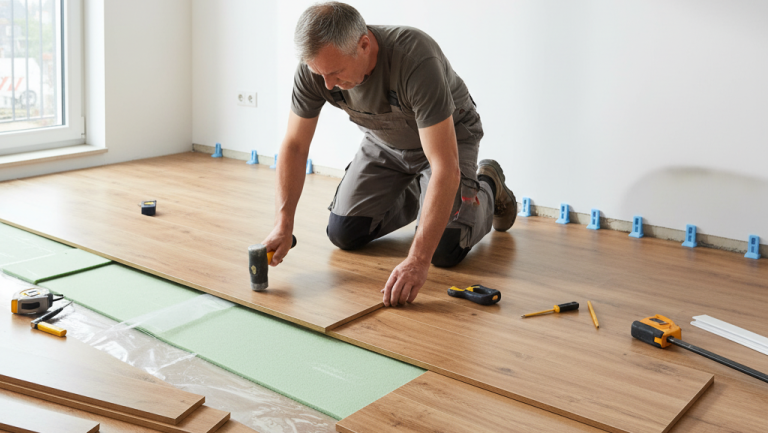 Obraz pokazujący realistyczną scenę z wnętrza warsztatu lub pomieszczenia gospodarczego, gdzie mężczyzna w średnim wieku pracuje nad projektem stolika DIY z palet