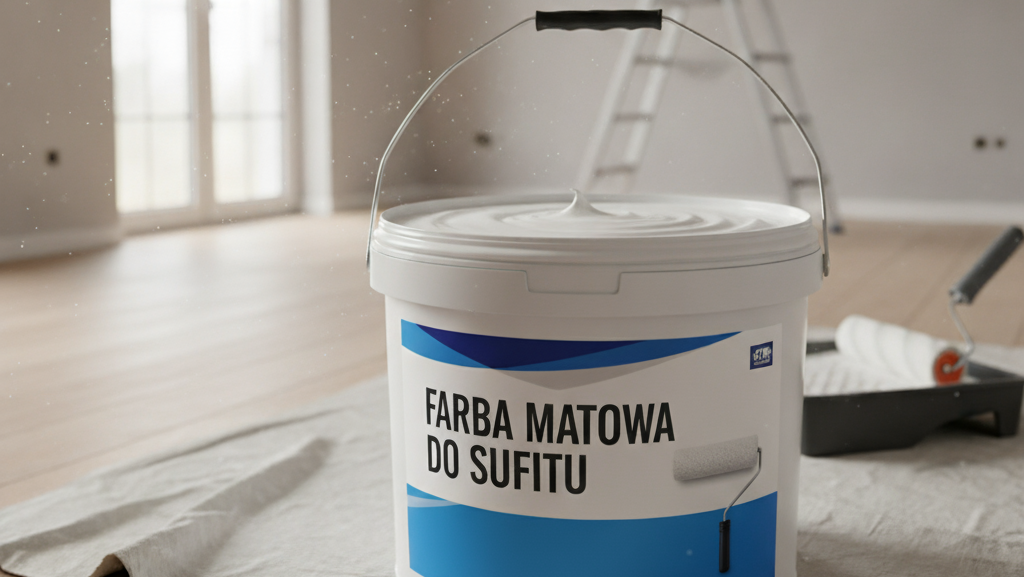 Obraz przedstawia realistycznie wyrenderowany, duży biały kubeł z farbą umieszczony na rozłożonej na podłodze szarej tkaninie ochronnej (płótnie malarskim) w jasnym, nowoczesnym pomieszczeniu w trakcie remontu