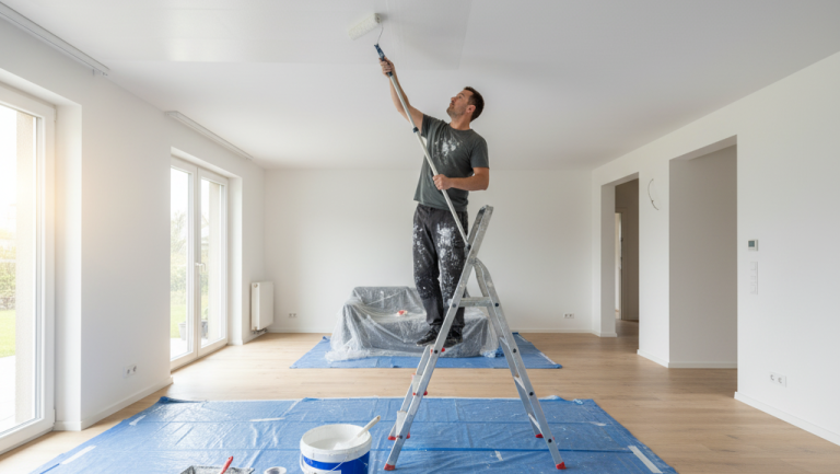 Obraz pokazujący realistyczną scenę z wnętrza warsztatu lub pomieszczenia gospodarczego, gdzie mężczyzna w średnim wieku pracuje nad projektem stolika DIY z palet