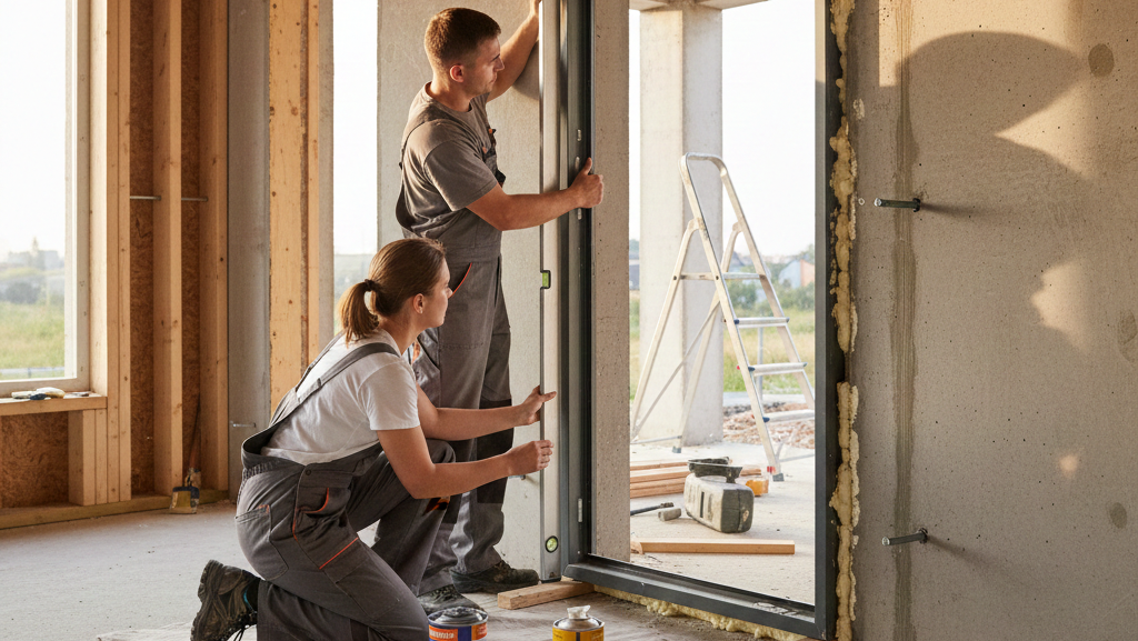Obraz przedstawia wnętrze budynku w stanie surowym, z betonowymi ścianami i widocznymi otworami okiennymi w tle, przez które wpada naturalne, dzienne światło