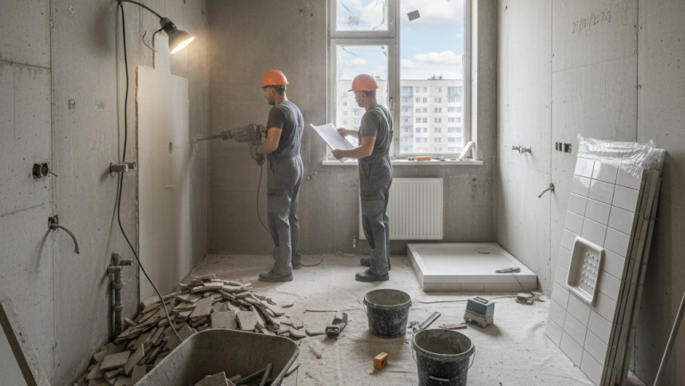 Obraz przedstawia wnętrze łazienki w trakcie gruntownego remontu, uchwycone w surowym, realistycznym stylu