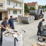 Obraz przedstawia realistyczną scenę logistyki odpadów budowlanych na terenie nowoczesnego osiedla mieszkaniowego