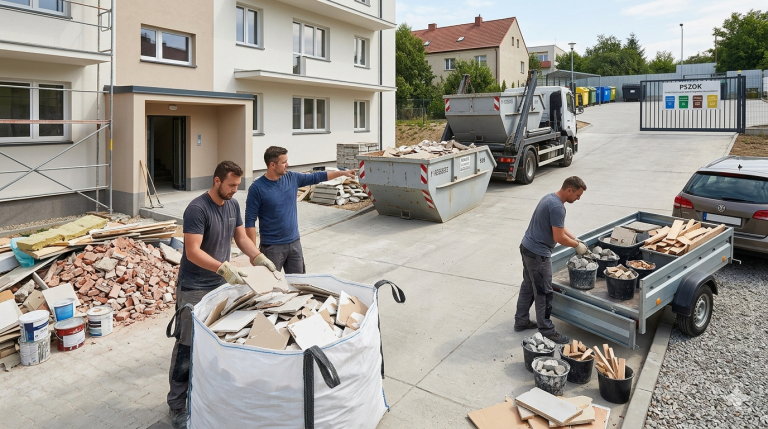 Obraz przedstawia realistyczną scenę logistyki odpadów budowlanych na terenie nowoczesnego osiedla mieszkaniowego