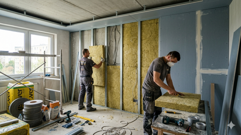 Obraz ukazuje wnętrze mieszkania w bloku w trakcie intensywnego remontu