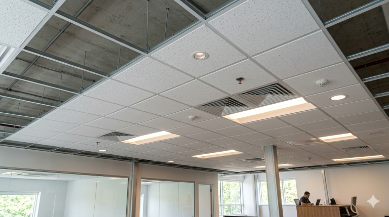 Obraz przedstawia wnętrze nowoczesnego biura w trakcie prac wykończeniowych lub częściowej aranżacji, skupiając się na systemowym suficie kasetonowym