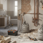 Obraz przedstawia realistyczną scenę remontu mieszkania, podzieloną na dwie główne części