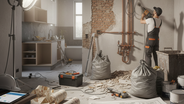 Obraz przedstawia realistyczną scenę remontu mieszkania, podzieloną na dwie główne części