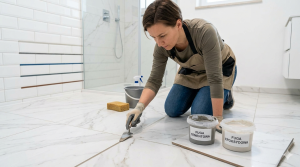 Zdjęcie przedstawia osobę pracującą w nowoczesnej, jasnej łazience, która zajmuje się fugowaniem białych płytek podłogowych z marmurowym wzorem
