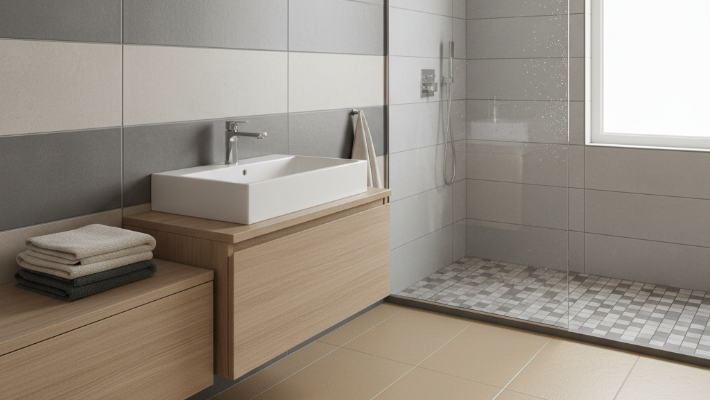 Obraz przedstawia wnętrze nowoczesnej łazienki, utrzymanej w jasnej kolorystyce